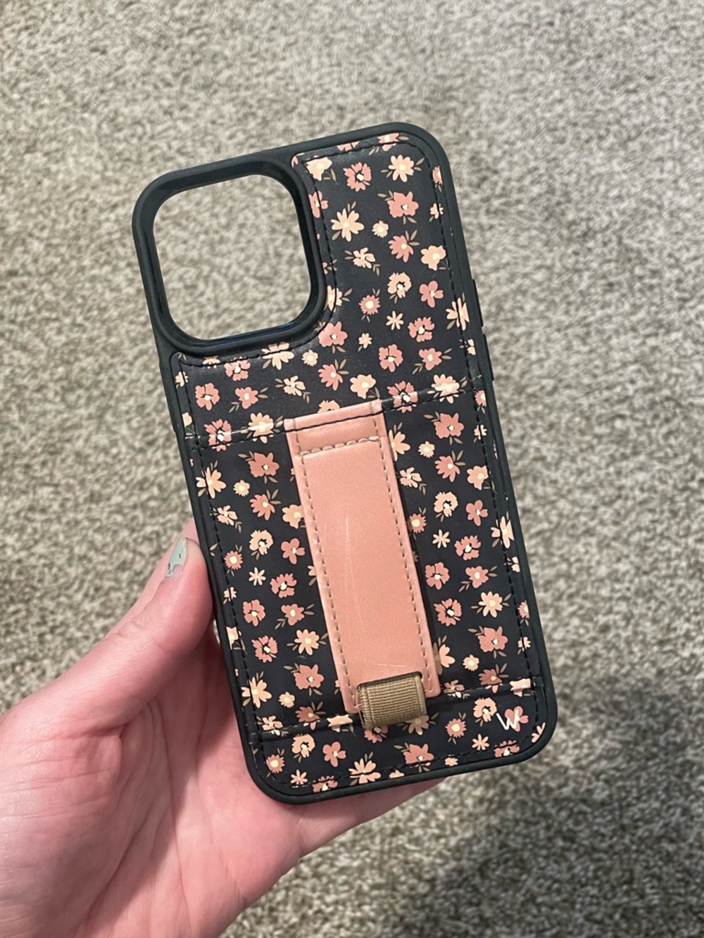 iPhone 13 Pro Max Walli Floral Black & Pink Wallet Phone Case with Pink Strap
